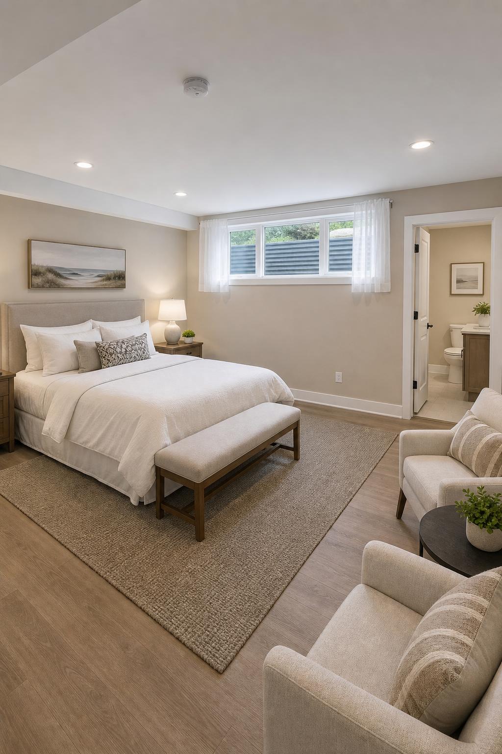 Finished basement guest suite with queen bed, sitting area, and private bathroom by Arch Basements.