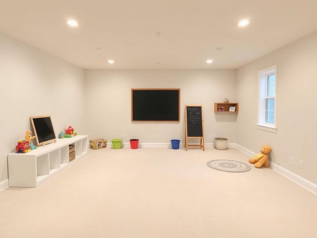 Clean bright finished basement kids' playroom with built-in storage and chalkboards by Arch Basements.